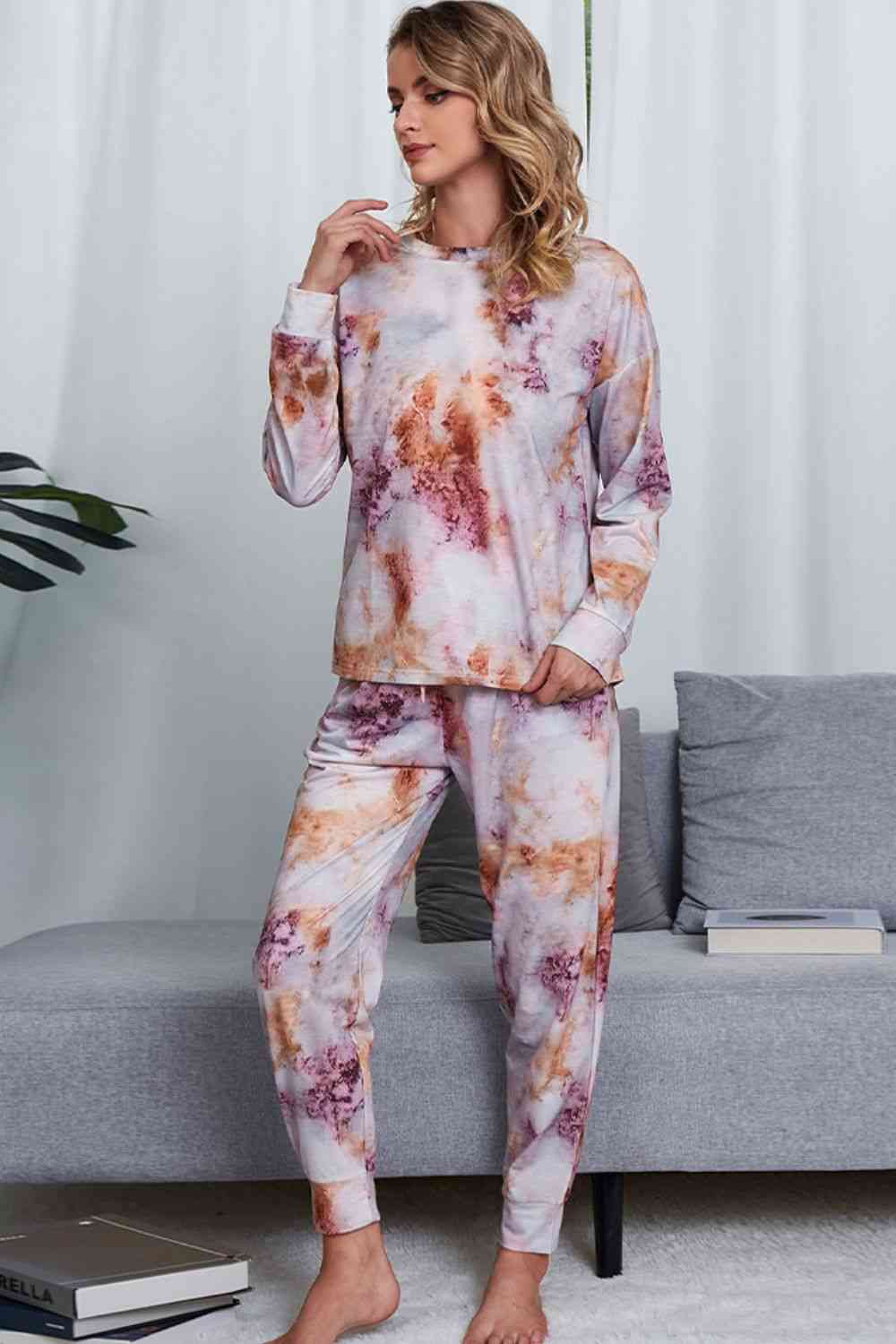 Tie-Dye Crewneck Top and Drawstring Waist Joggers Lounge Set Lounge Set   