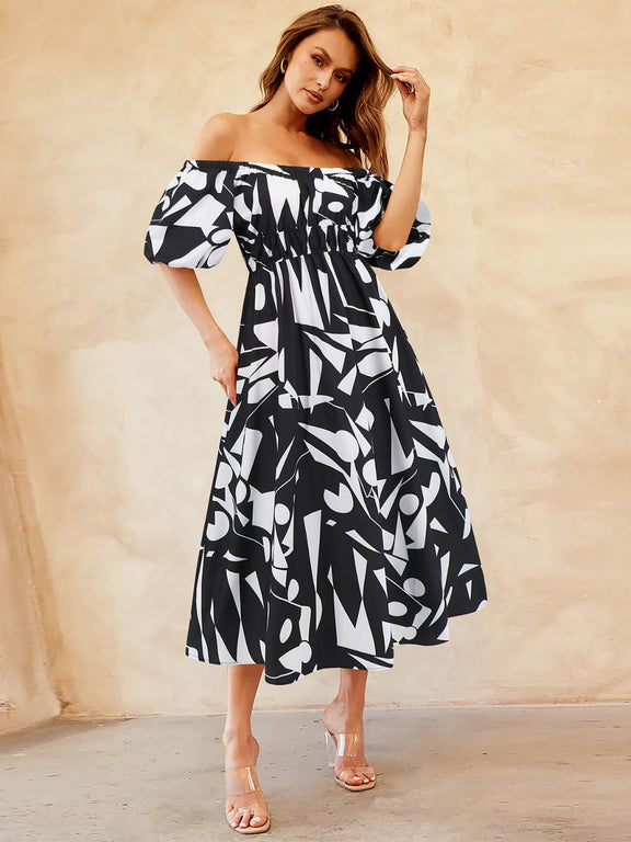 Printed Off-Shoulder Balloon Sleeve Dress Womens Midi Dress Black S 