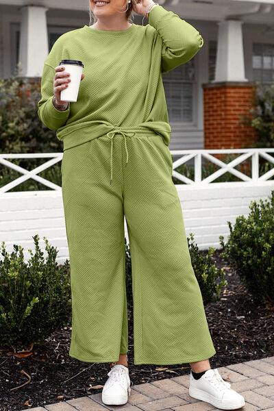 Double Take Full Size Textured Long Sleeve Top and Drawstring Pants Set - Three Mad Hatters Mercantile 