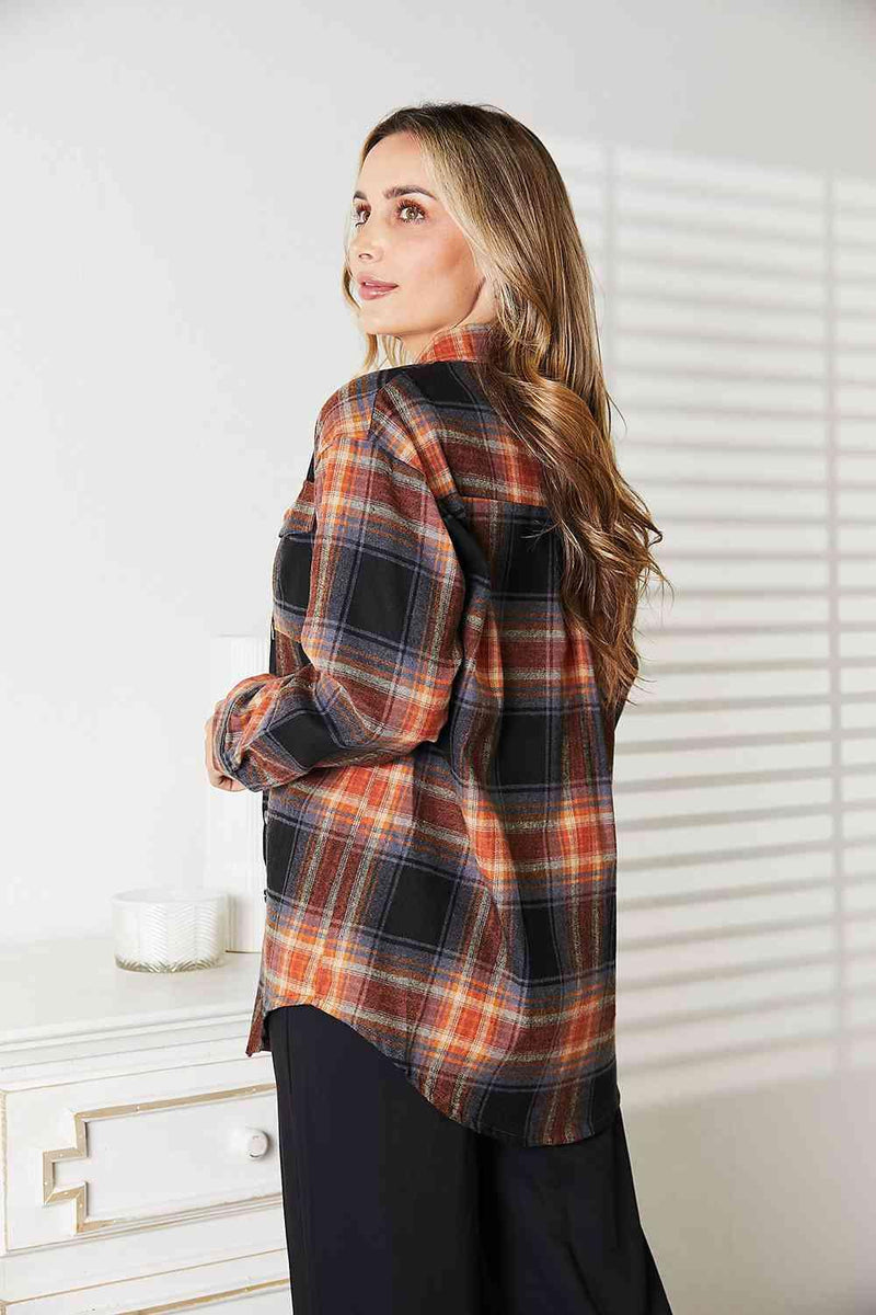 Double Take Plaid Dropped Shoulder Shirt - Three Mad Hatters Mercantile 
