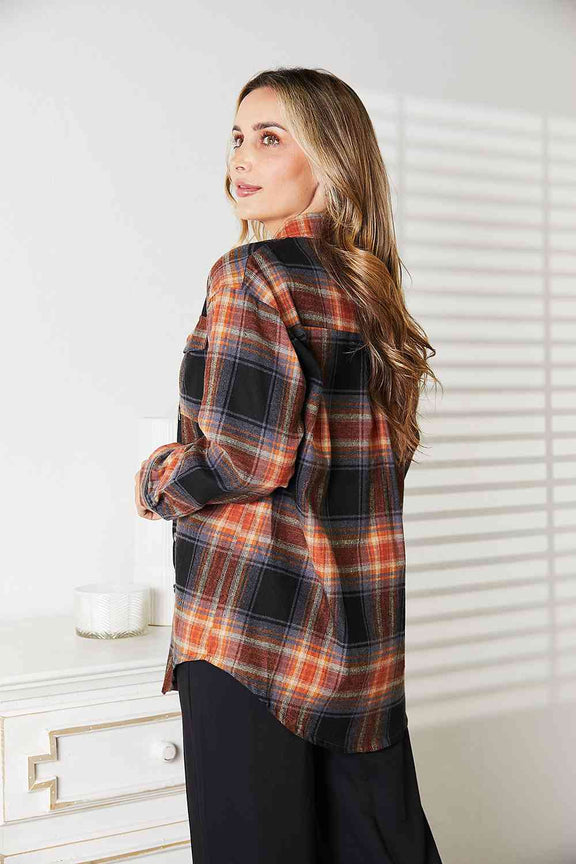 Double Take Plaid Dropped Shoulder Shirt Long Sleeve Shirt   