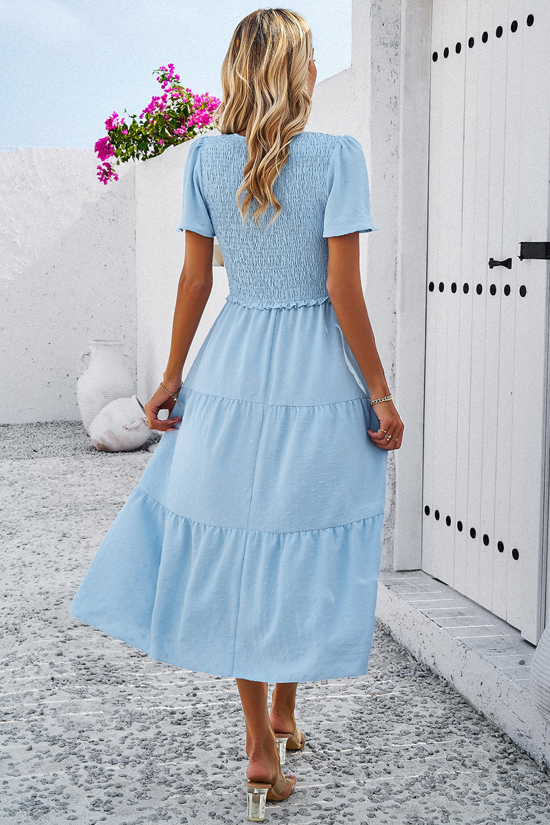 Swiss Dot Short Sleeve Smocked Dress Womens Midi Dress   