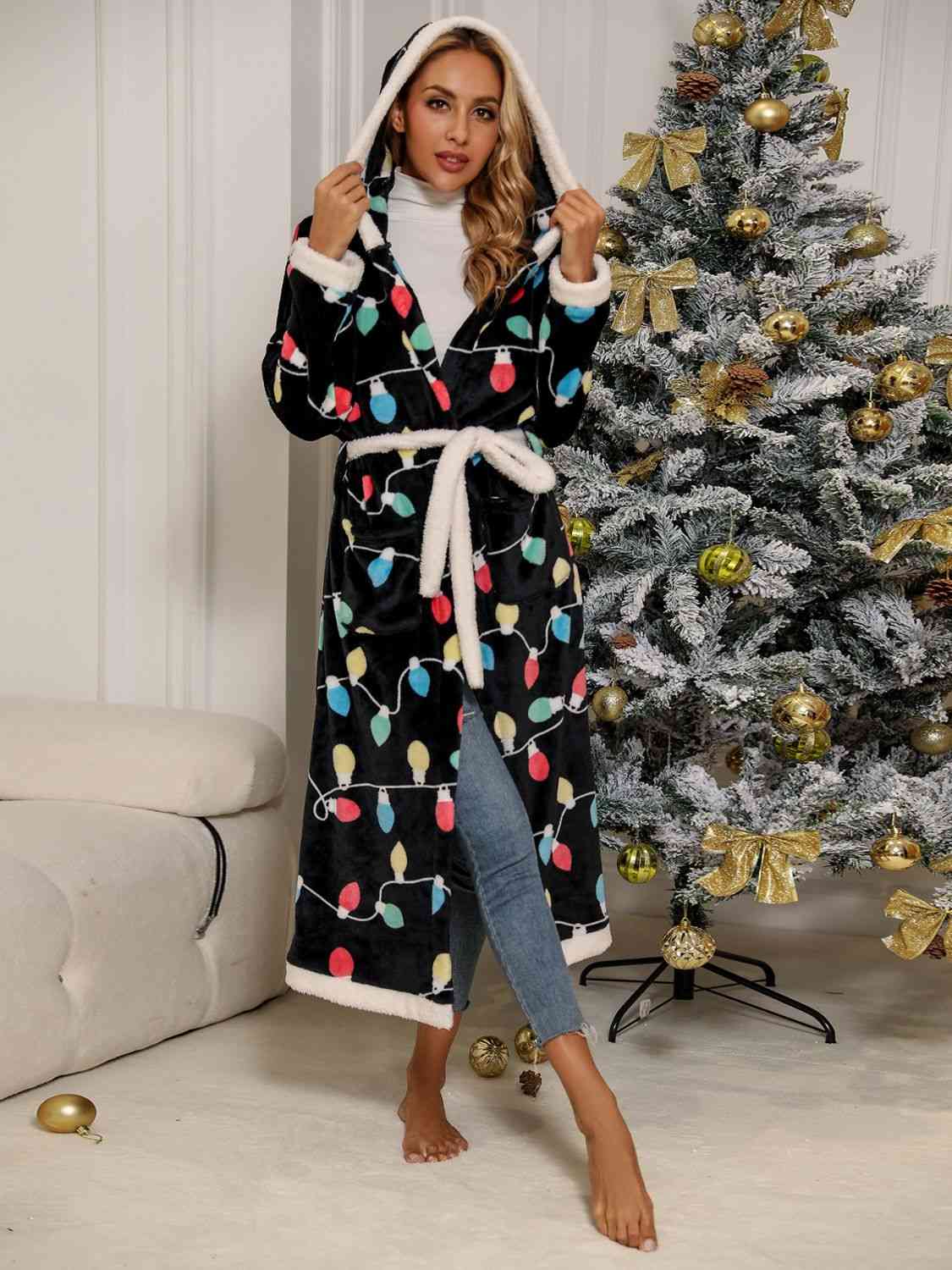 Tie Waist Hooded Robe Robe   