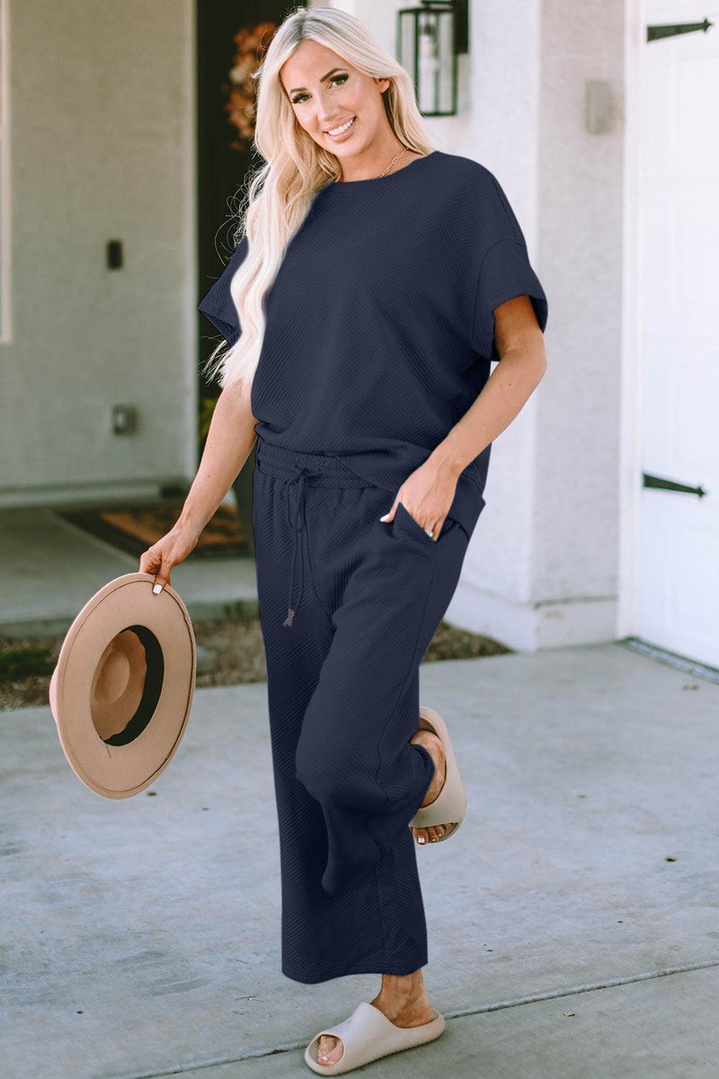 Double Take Texture Short Sleeve Top and Pants Set - Three Mad Hatters Mercantile 
