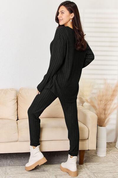 Basic Bae Full Size Notched Long Sleeve Top and Pants Set - Three Mad Hatters Mercantile 