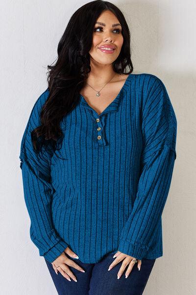 Basic Bae Full Size Ribbed Half Button Long Sleeve T-Shirt - Three Mad Hatters Mercantile 
