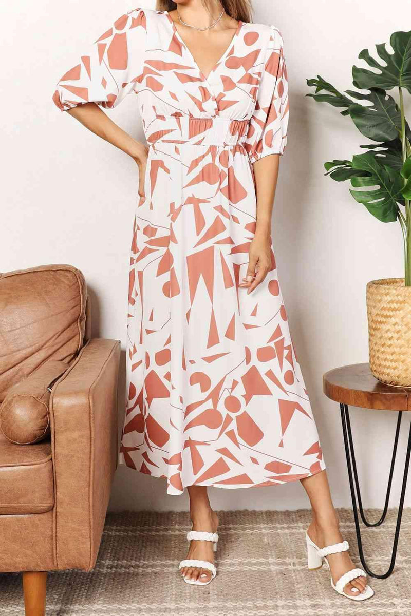 Double Take Printed Surplice Balloon Sleeve Dress - Three Mad Hatters Mercantile 