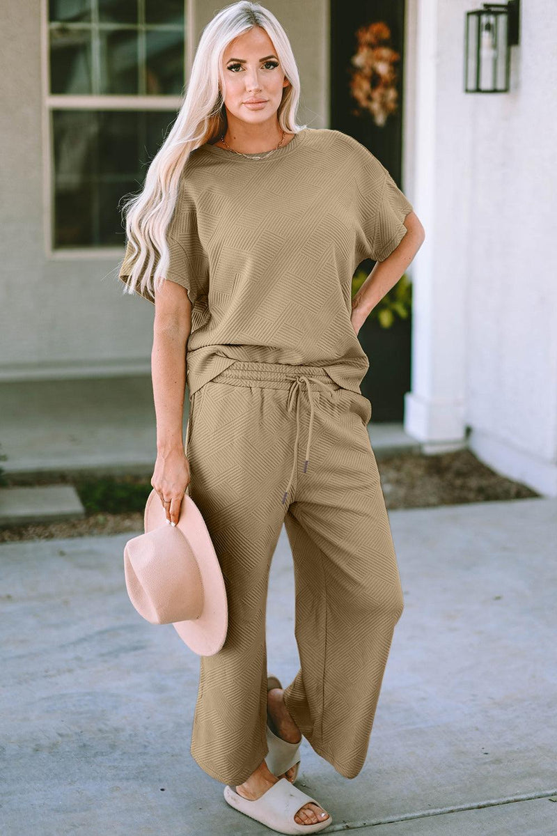 Double Take Texture Short Sleeve Top and Pants Set - Three Mad Hatters Mercantile 