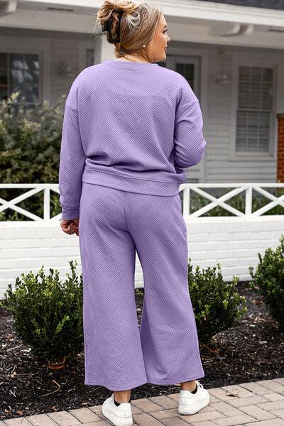 Double Take Full Size Textured Long Sleeve Top and Drawstring Pants Set - Three Mad Hatters Mercantile 