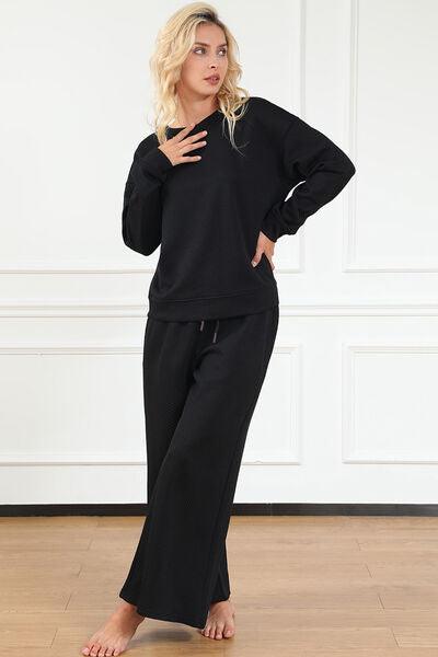 Double Take Full Size Textured Long Sleeve Top and Drawstring Pants Set - Three Mad Hatters Mercantile 