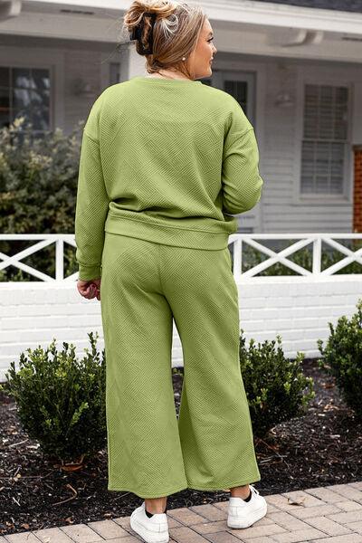 Double Take Full Size Textured Long Sleeve Top and Drawstring Pants Set - Three Mad Hatters Mercantile 