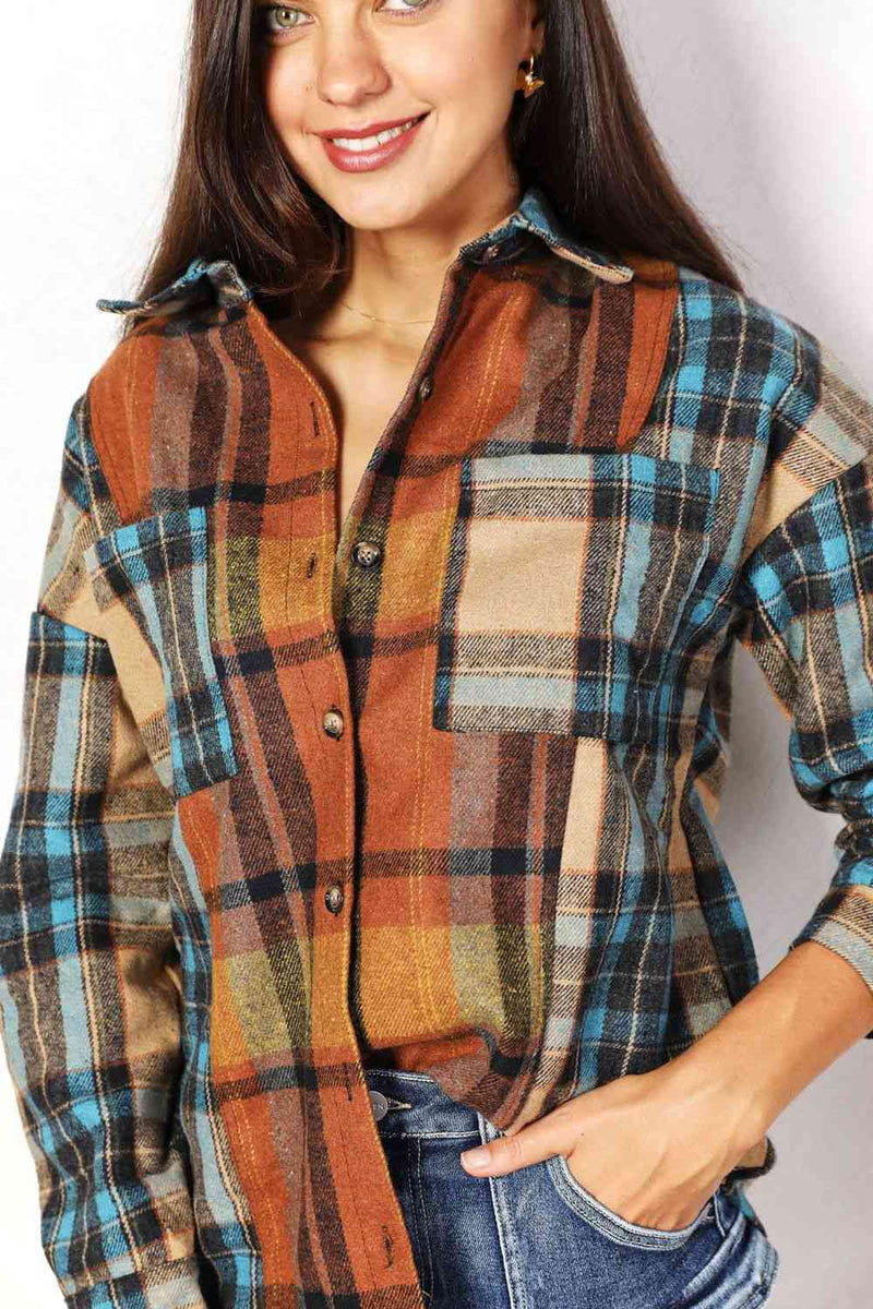 Double Take Plaid Curved Hem Shirt Jacket with Breast Pockets Shacket   