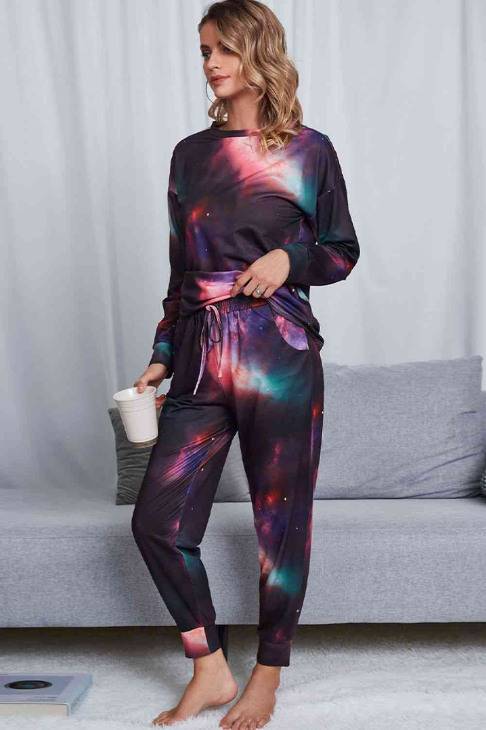 Tie-Dye Crewneck Top and Drawstring Waist Joggers Lounge Set Lounge Set   