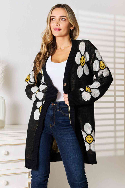 Double Take Floral Button Down Longline Cardigan Cardigan Black S 