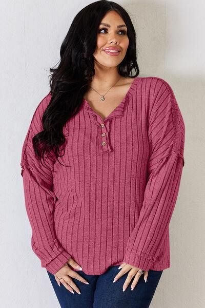 Basic Bae Full Size Ribbed Half Button Long Sleeve T-Shirt - Three Mad Hatters Mercantile 