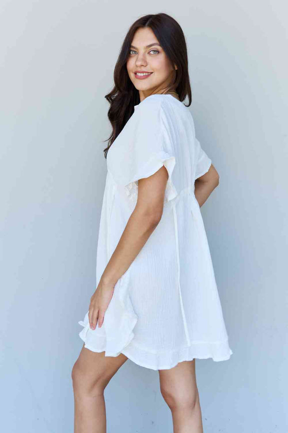 Ninexis Out Of Time Full Size Ruffle Hem Dress with Drawstring Waistband in White women mini dress   