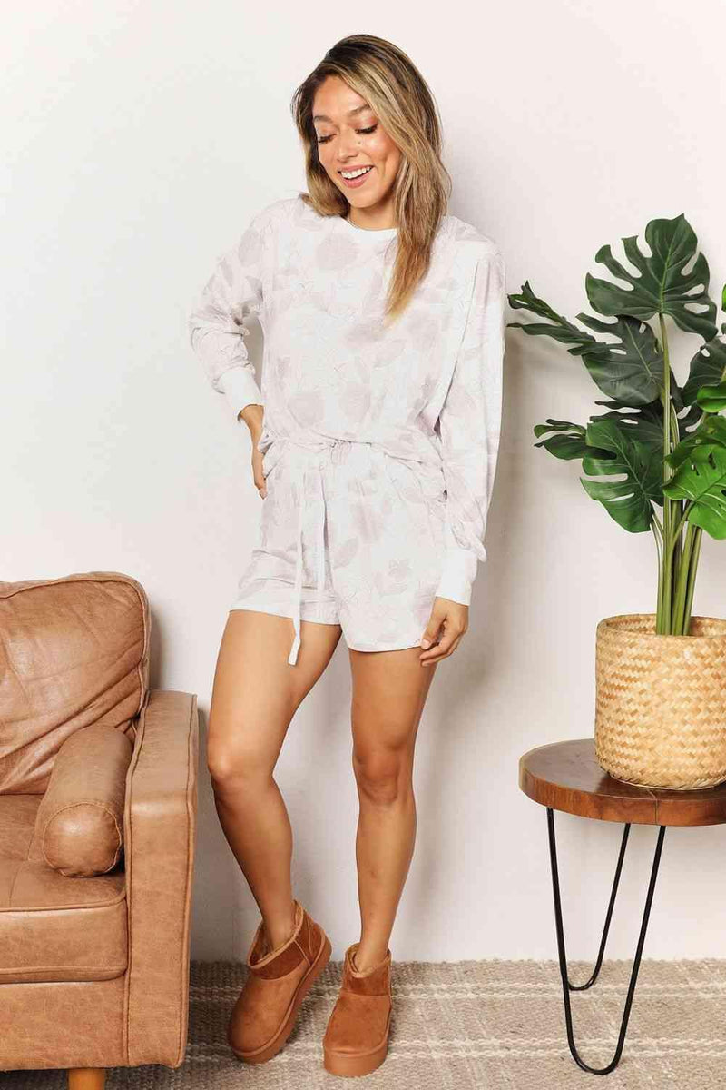 Double Take Floral Long Sleeve Top and Shorts Loungewear Set - Three Mad Hatters Mercantile 