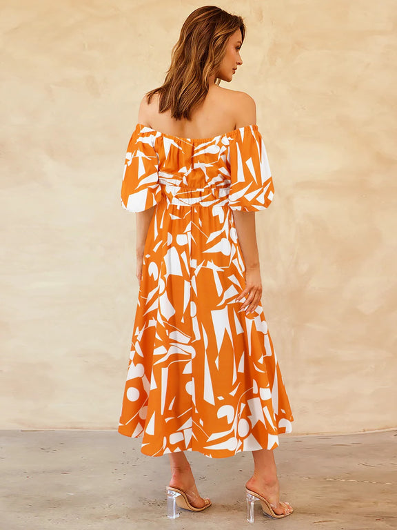 Printed Off-Shoulder Balloon Sleeve Dress Womens Midi Dress   