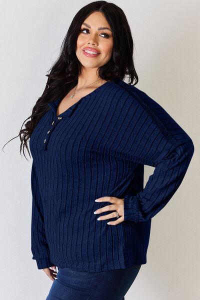 Basic Bae Full Size Ribbed Half Button Long Sleeve T-Shirt - Three Mad Hatters Mercantile 