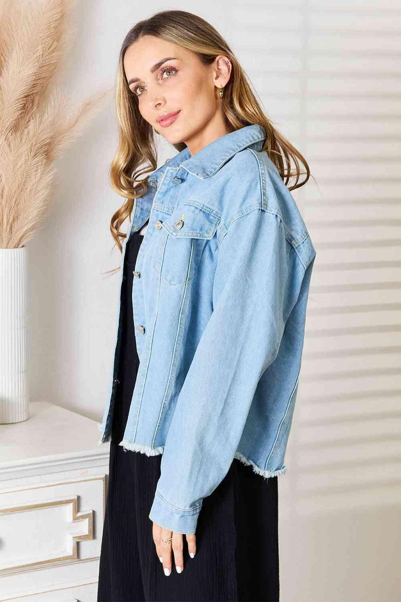Double Take Dropped Shoulder Raw Hem Denim Jacket - Three Mad Hatters Mercantile 