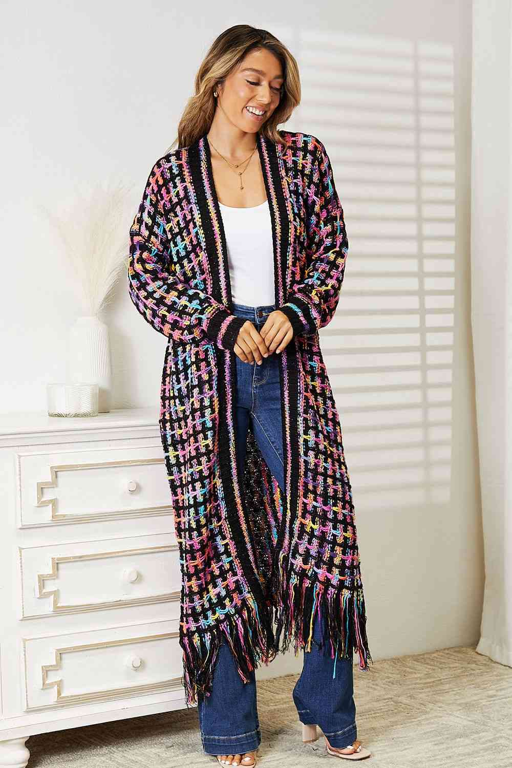 Double Take Multicolored Open Front Fringe Hem Cardigan Cardigan   