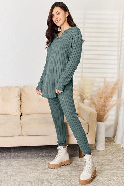 Basic Bae Full Size Notched Long Sleeve Top and Pants Set - Three Mad Hatters Mercantile 