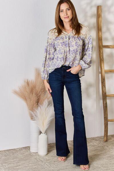 Hailey & Co Full Size Lace Detail Printed Blouse - Three Mad Hatters Mercantile 