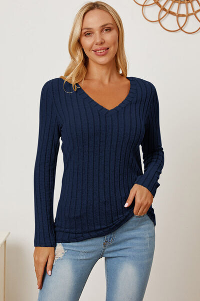 Basic Bae Full Size Ribbed V-Neck Long Sleeve T-Shirt  Peacock  Blue S 