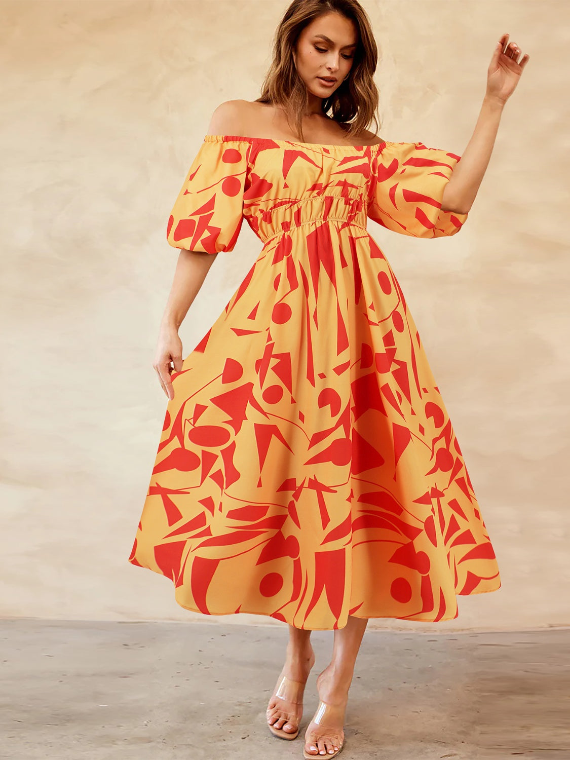 Printed Off-Shoulder Balloon Sleeve Dress Womens Midi Dress   