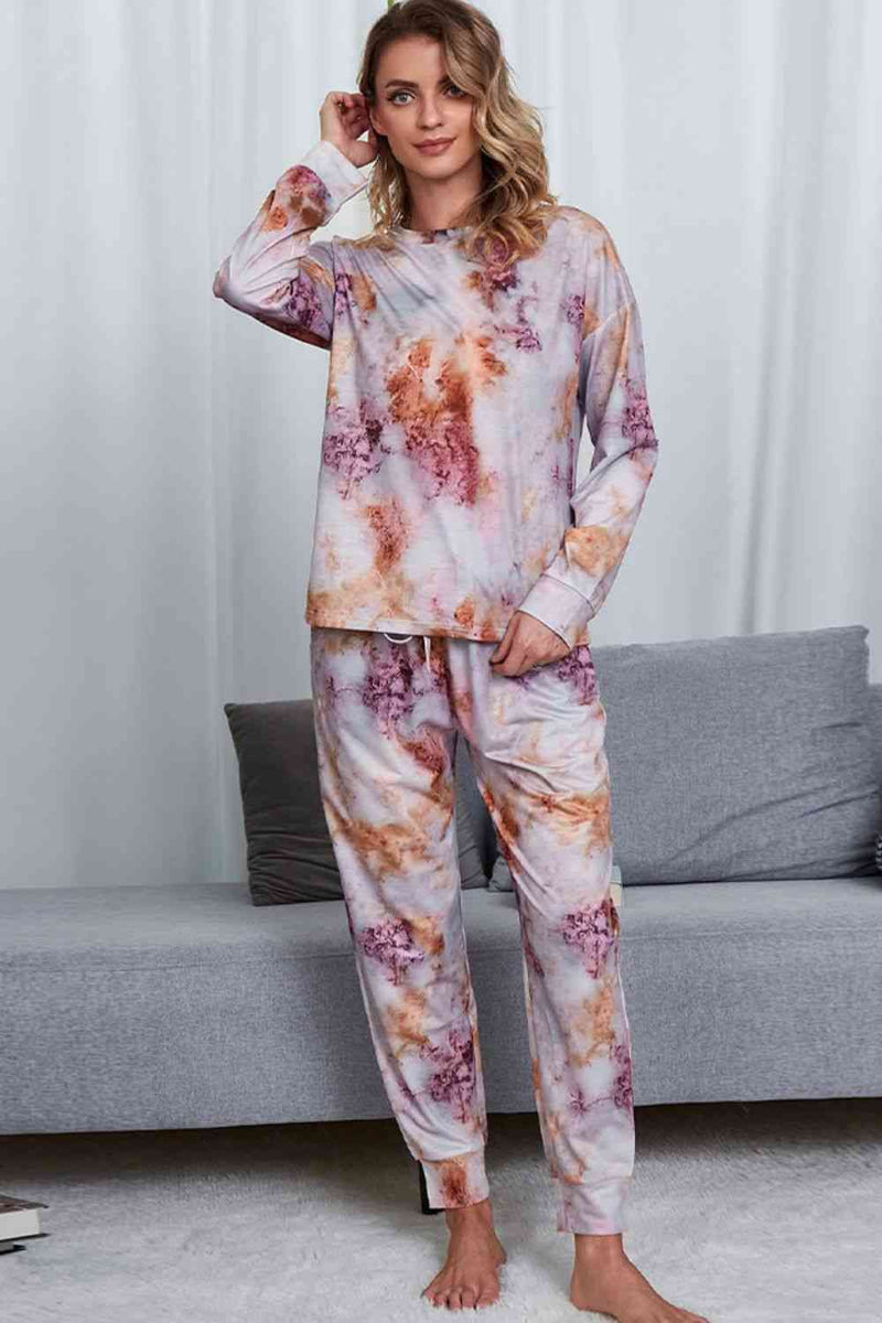 Tie-Dye Crewneck Top and Drawstring Waist Joggers Lounge Set Lounge Set Lavender S 