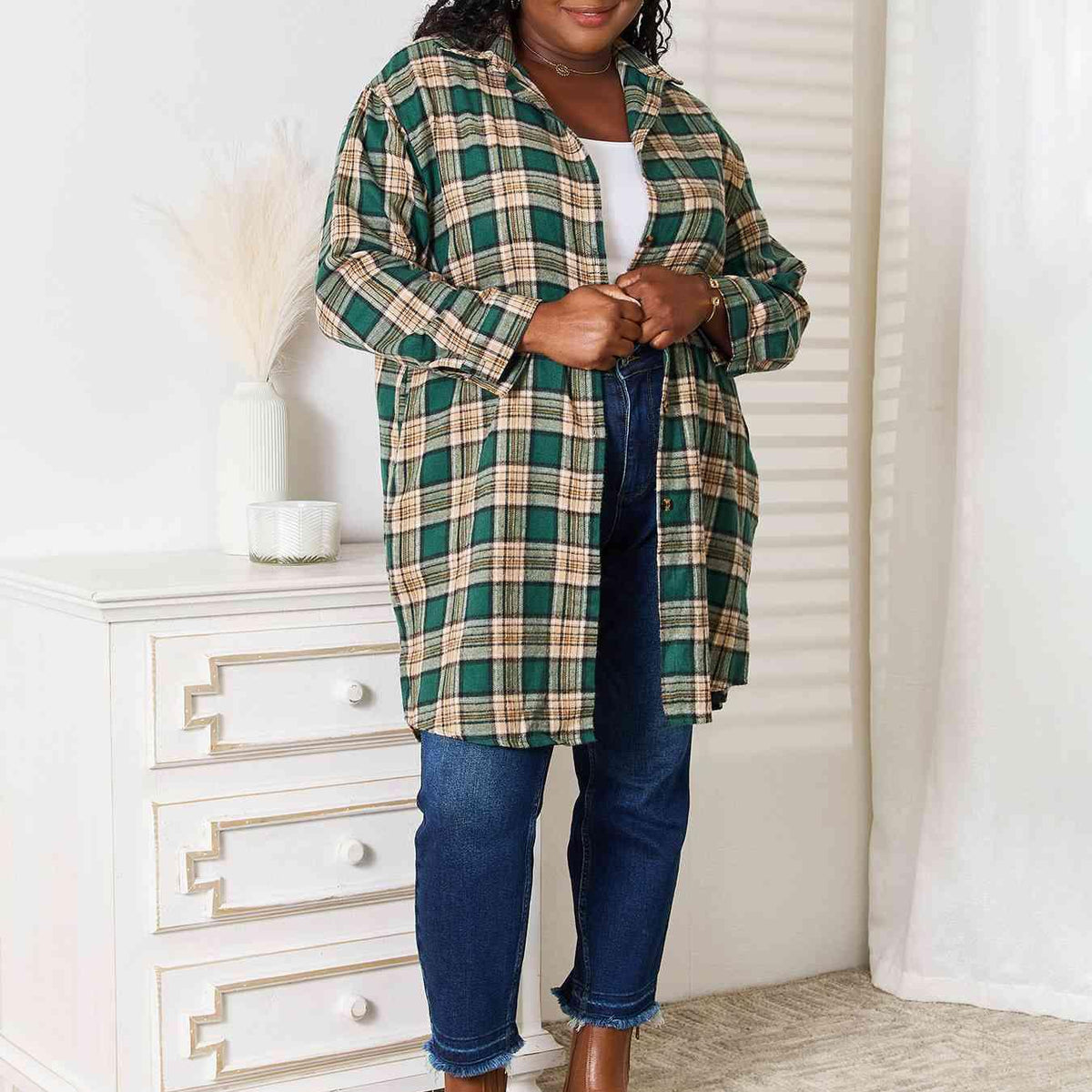 Double Take Plaid Collared Neck Long Sleeve Shirt - Three Mad Hatters Mercantile 