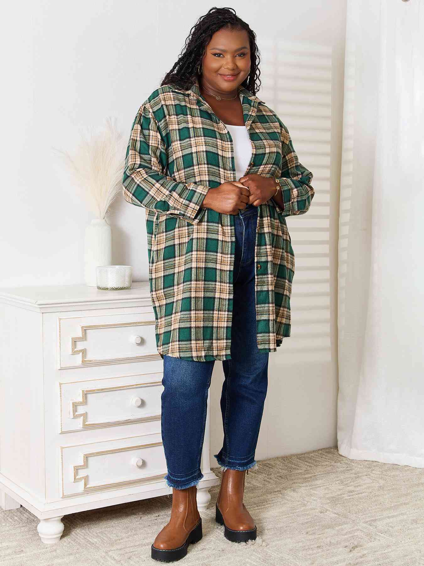 Double Take Plaid Collared Neck Long Sleeve Shirt    