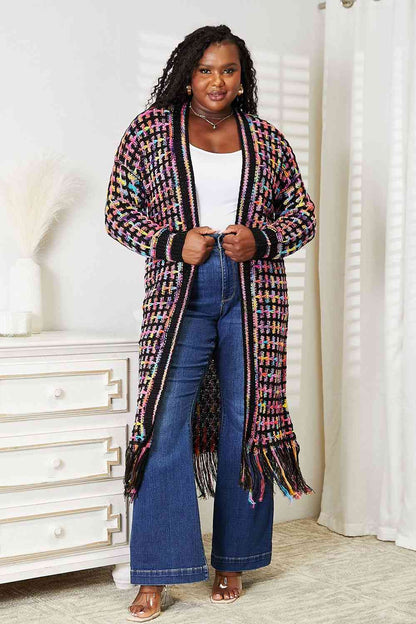 Double Take Multicolored Open Front Fringe Hem Cardigan Cardigan Multicolor S 