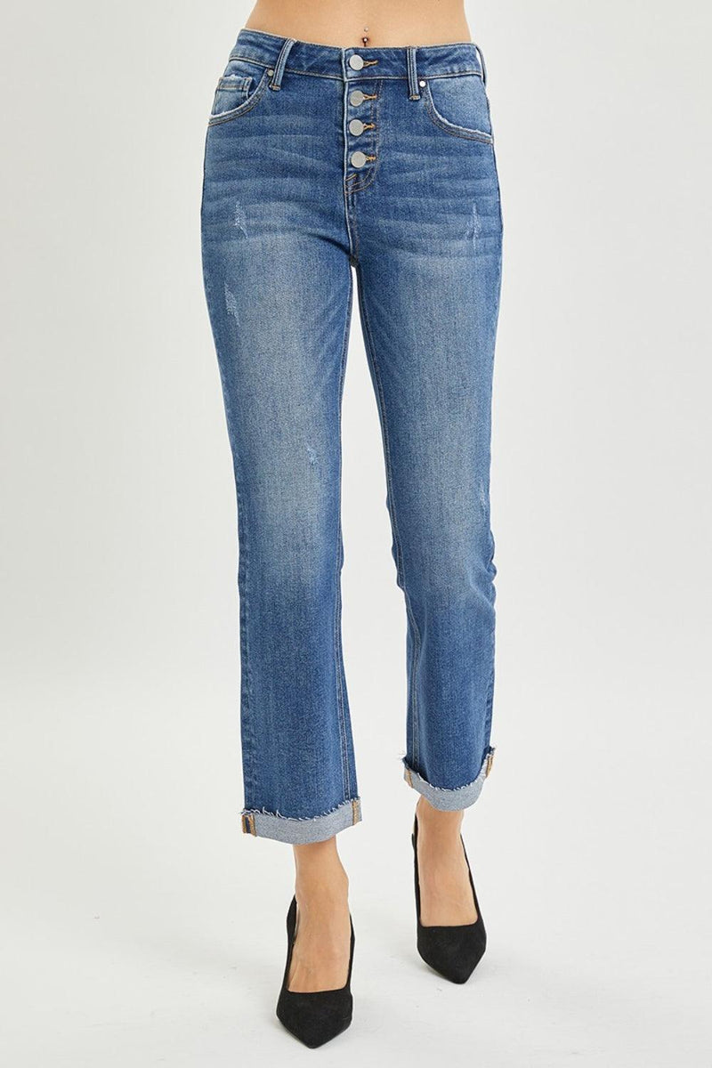 RISEN Button Fly Cropped Bootcut Jeans - Three Mad Hatters Mercantile 