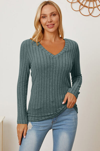 Basic Bae Full Size Ribbed V-Neck Long Sleeve T-Shirt  Teal S 