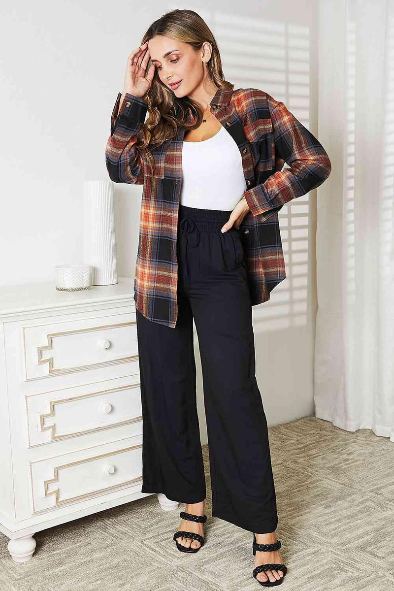 Double Take Plaid Dropped Shoulder Shirt - Three Mad Hatters Mercantile 