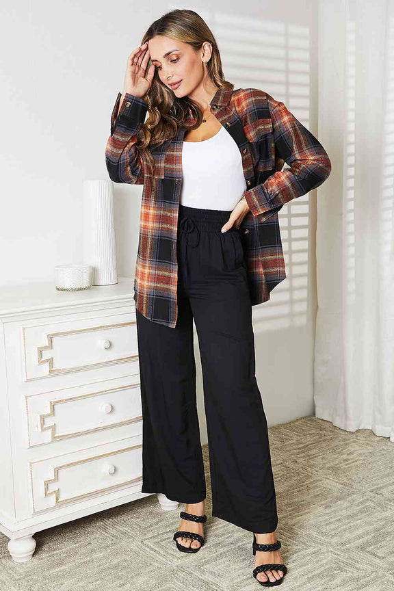 Double Take Plaid Dropped Shoulder Shirt Long Sleeve Shirt   