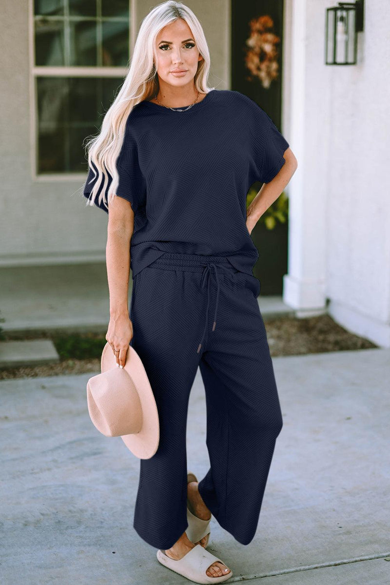 Double Take Texture Short Sleeve Top and Pants Set - Three Mad Hatters Mercantile 