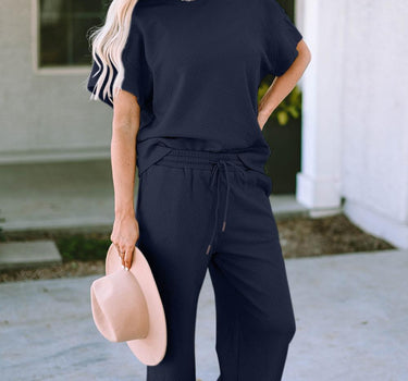 Double Take Texture Short Sleeve Top and Pants Set