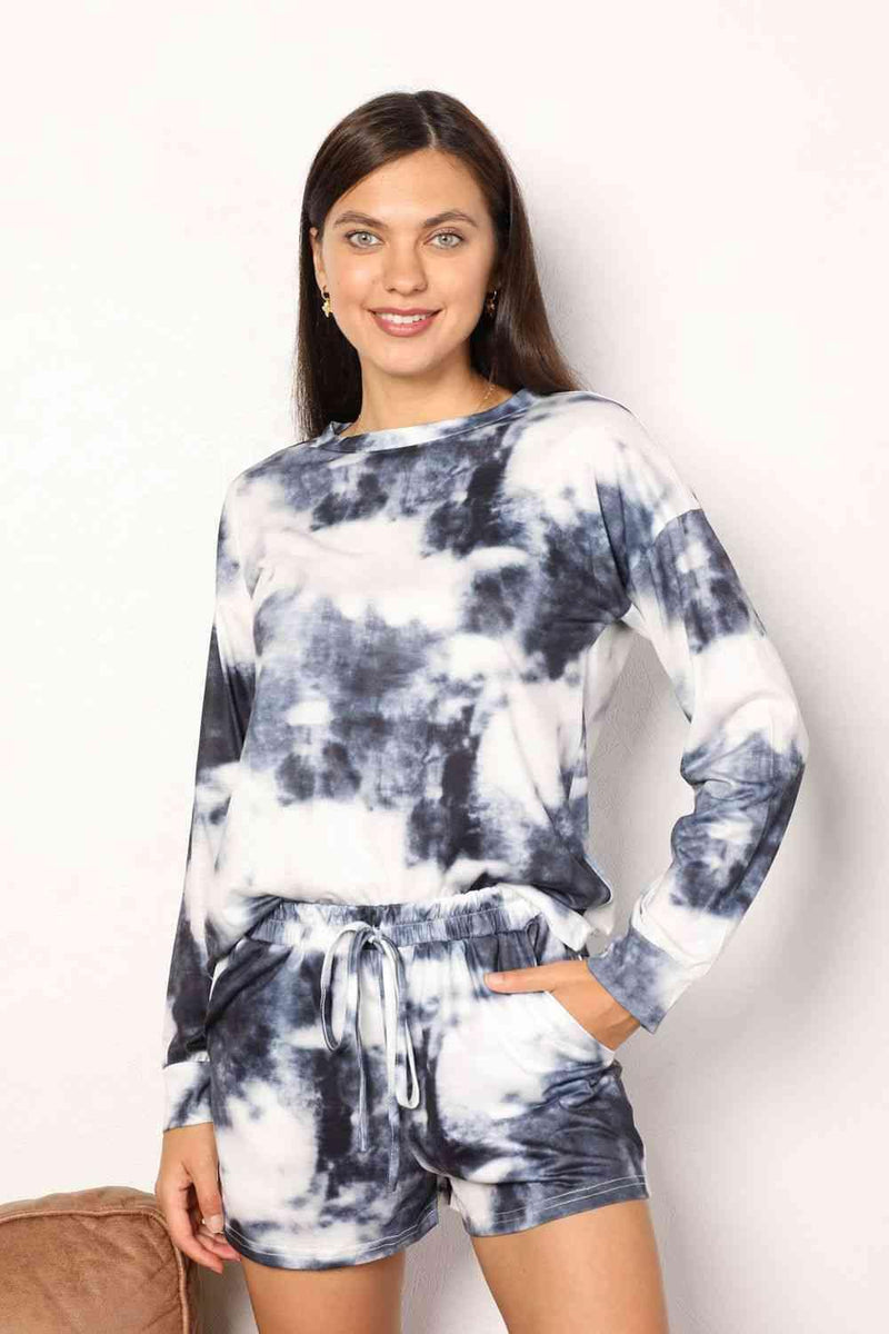 Double Take Tie-Dye Round Neck Top and Shorts Lounge Set - Three Mad Hatters Mercantile 