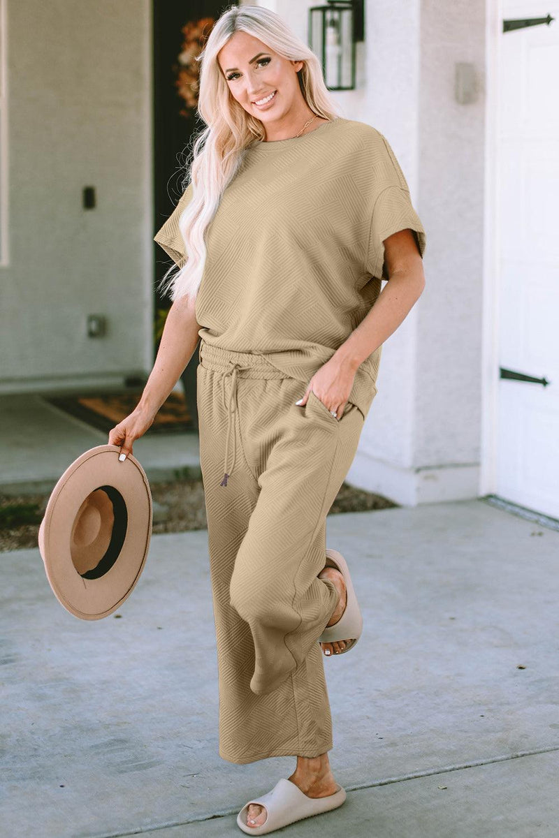 Double Take Texture Short Sleeve Top and Pants Set - Three Mad Hatters Mercantile 
