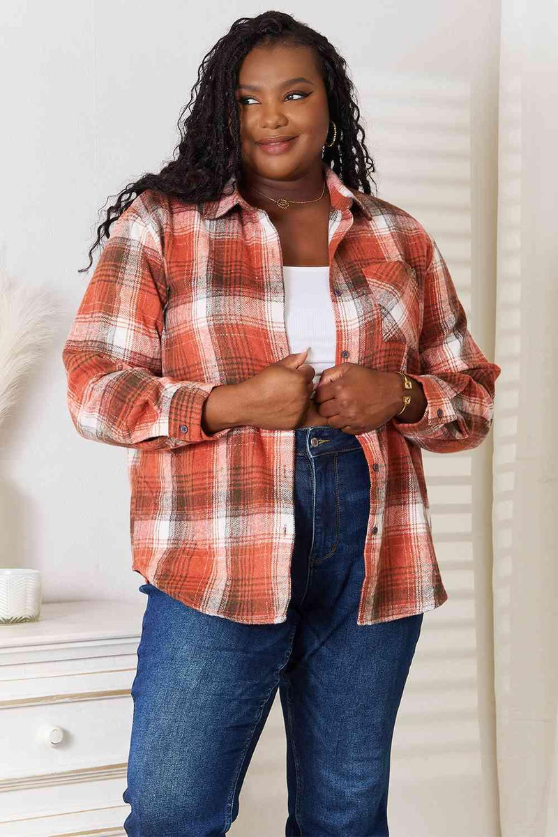 Double Take Plaid Collared Neck Long Sleeve Shirt - Three Mad Hatters Mercantile 