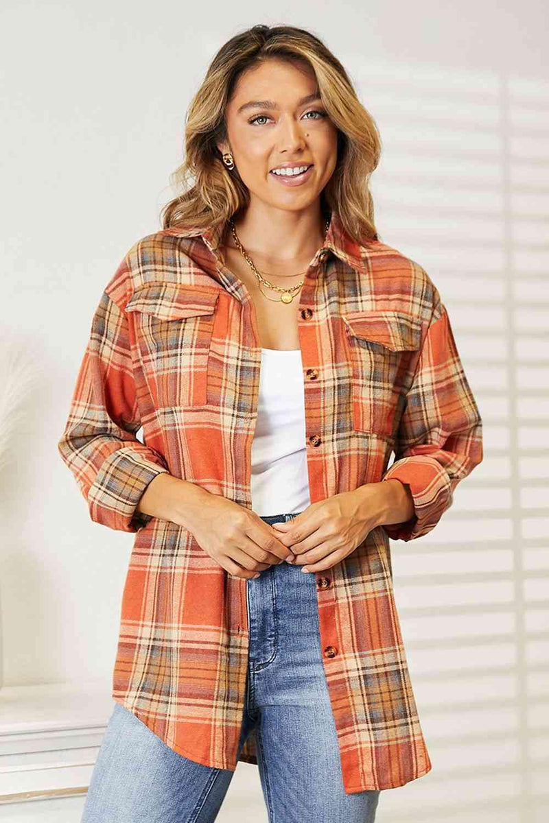 Double Take Plaid Dropped Shoulder Shirt - Three Mad Hatters Mercantile 
