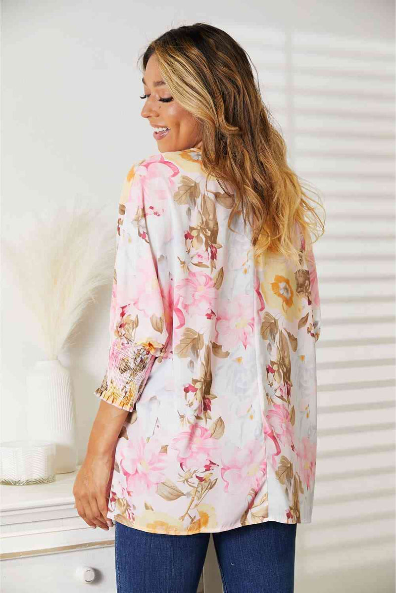 Double Take Floral Round Neck Three-Quarter Sleeve Top Womens Blouse   