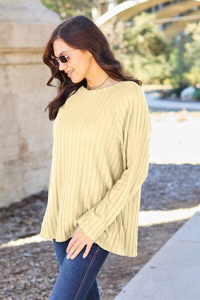 Basic Bae Full Size Ribbed Round Neck Long Sleeve Knit Top - Three Mad Hatters Mercantile 