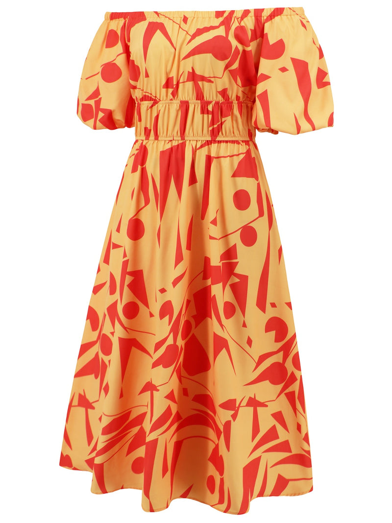 Printed Off-Shoulder Balloon Sleeve Dress Womens Midi Dress   