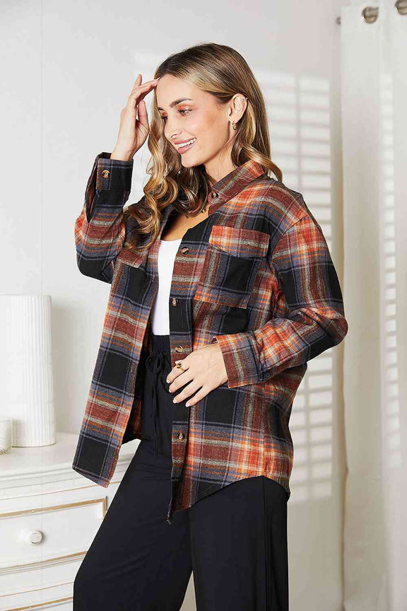 Double Take Plaid Dropped Shoulder Shirt Long Sleeve Shirt   