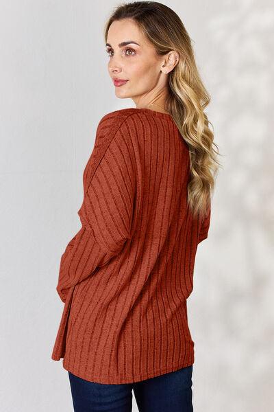 Basic Bae Full Size Ribbed Half Button Long Sleeve T-Shirt - Three Mad Hatters Mercantile 