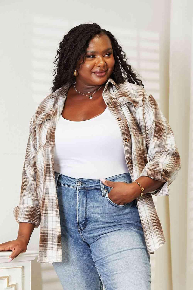 Double Take Plaid Dropped Shoulder Shirt - Three Mad Hatters Mercantile 
