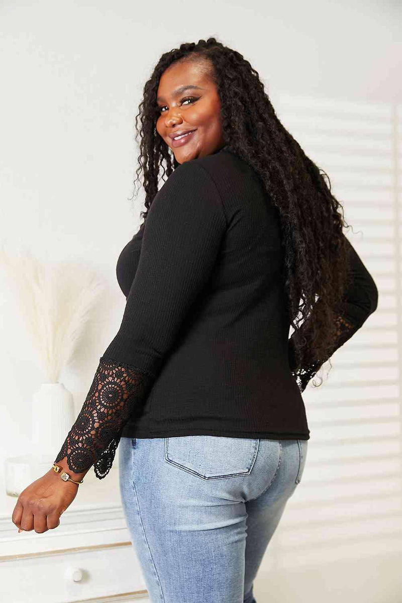 Double Take Crochet Lace Hem Sleeve Button Top - Three Mad Hatters Mercantile 